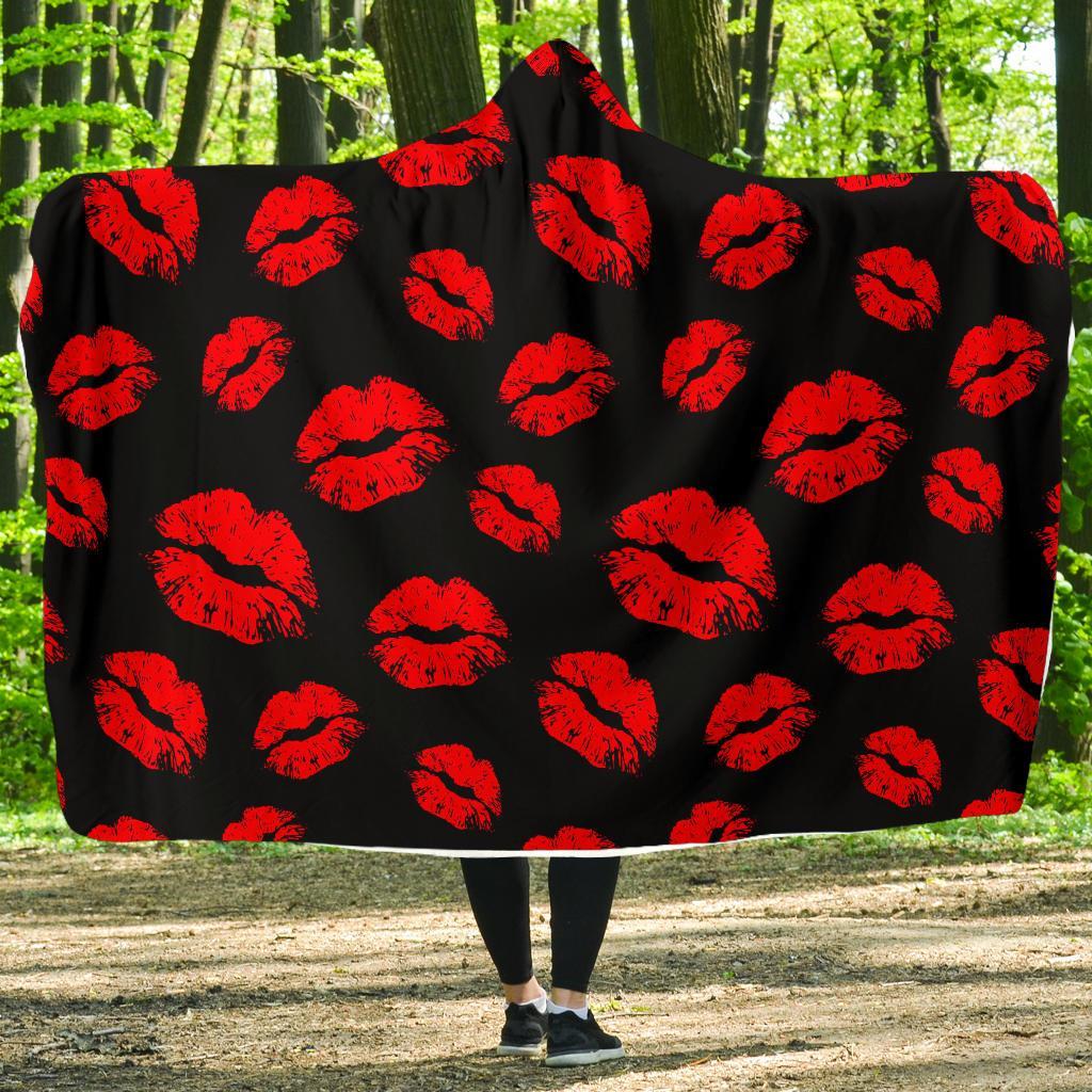 Red Lips Kiss Print Pattern Hooded Blanket-grizzshop