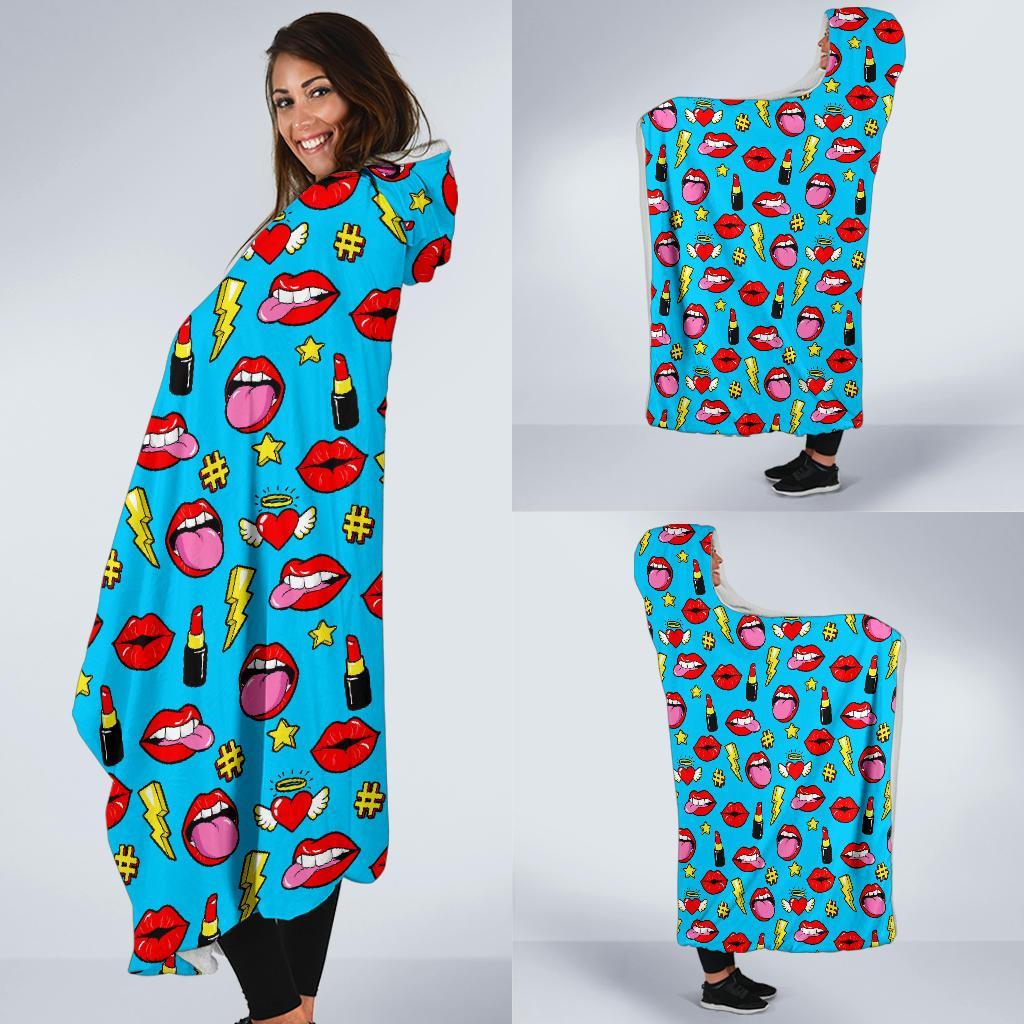 Red Lips Lipstick Pattern Print Hooded Blanket-grizzshop