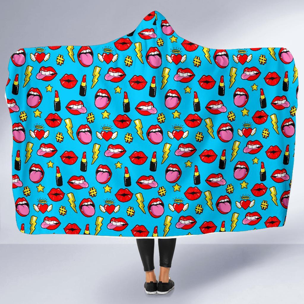 Red Lips Lipstick Pattern Print Hooded Blanket-grizzshop