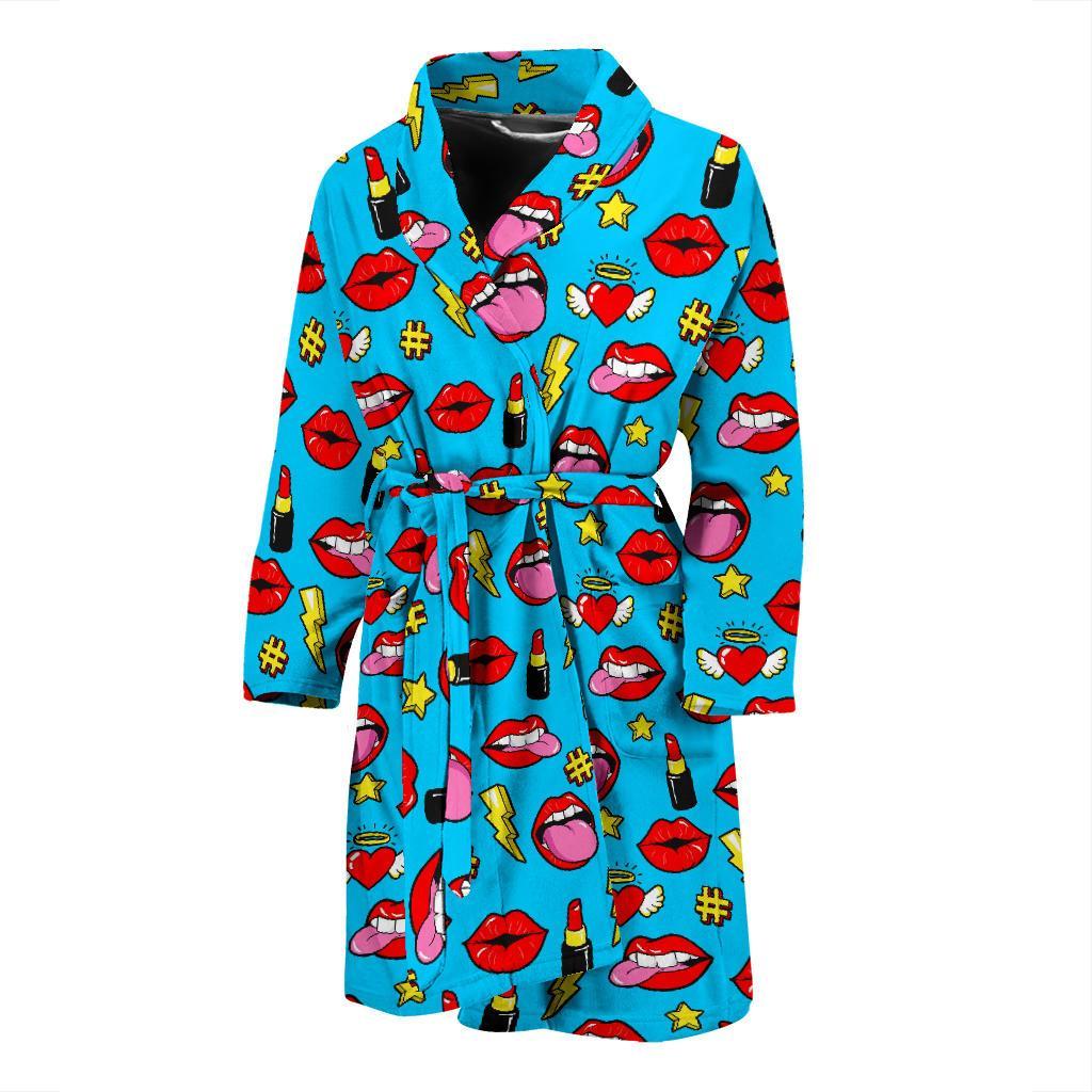 Red Lips Lipstick Pattern Print Men Long Robe-grizzshop