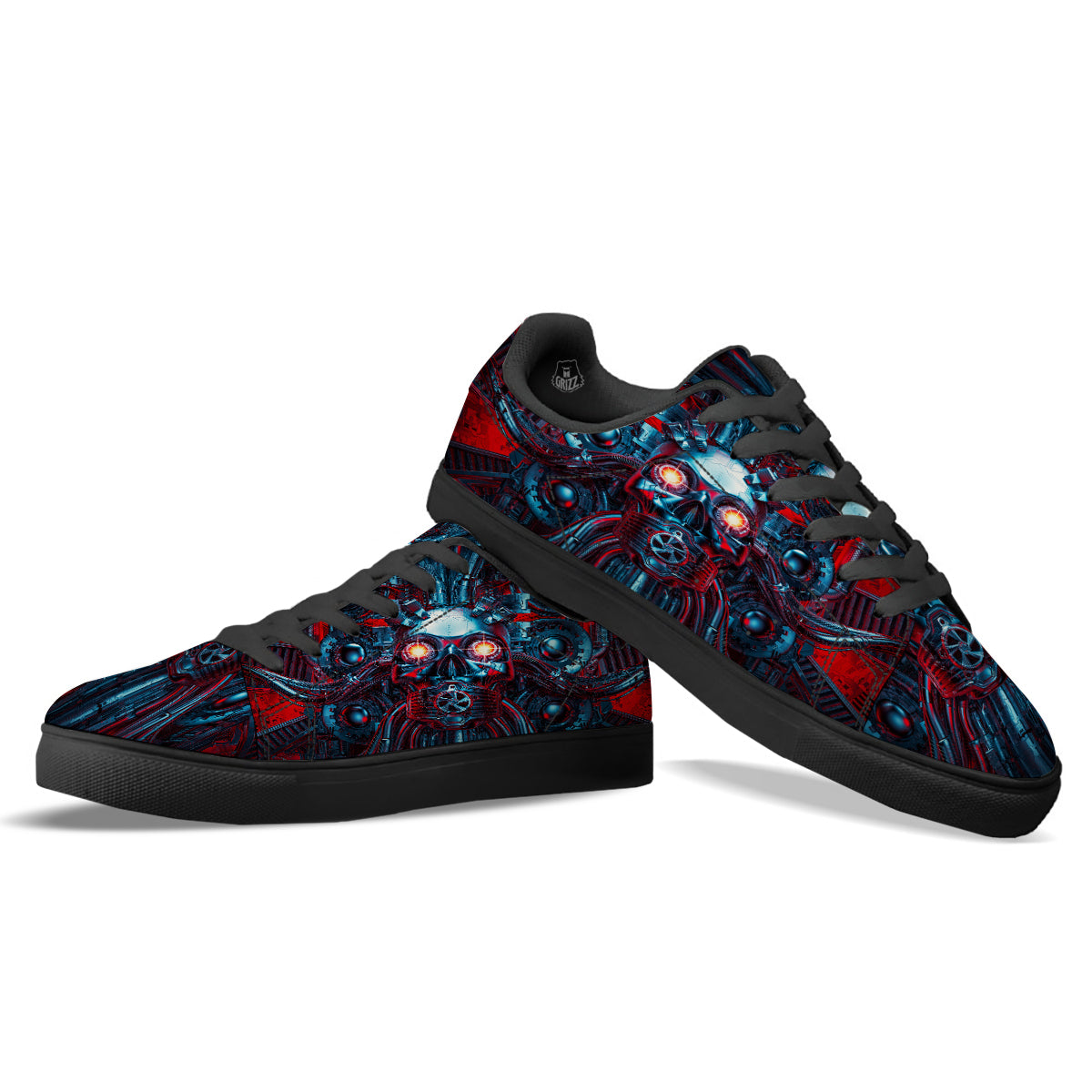 Red Machine Robot Print Black Low Top Sneakers-grizzshop
