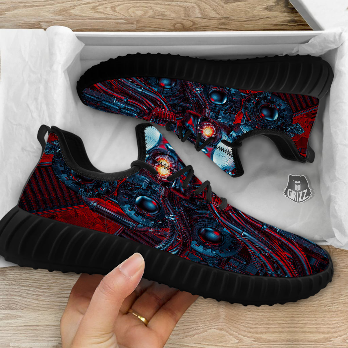Red Machine Robot Print Black Walking Shoes-grizzshop