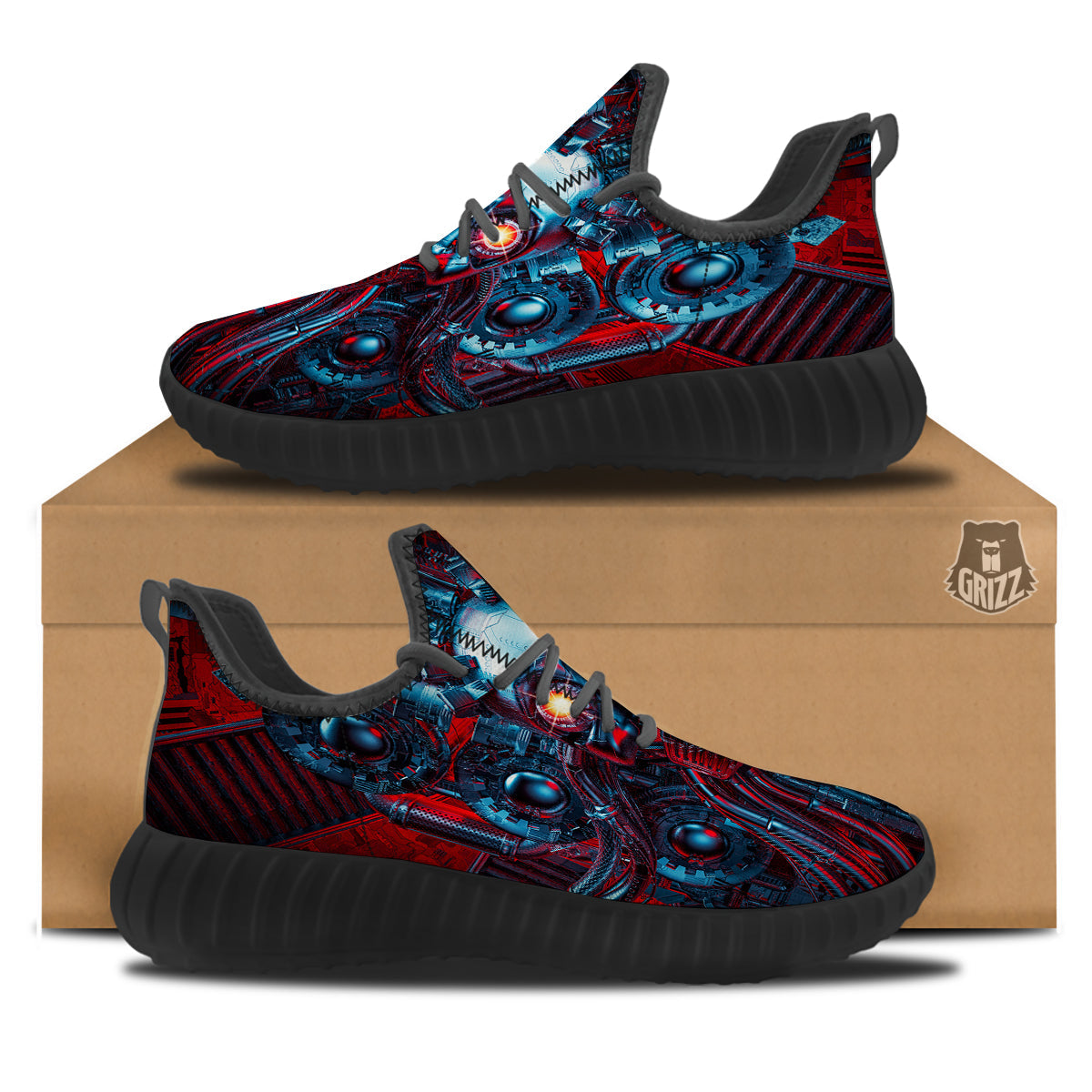 Red Machine Robot Print Black Walking Shoes-grizzshop