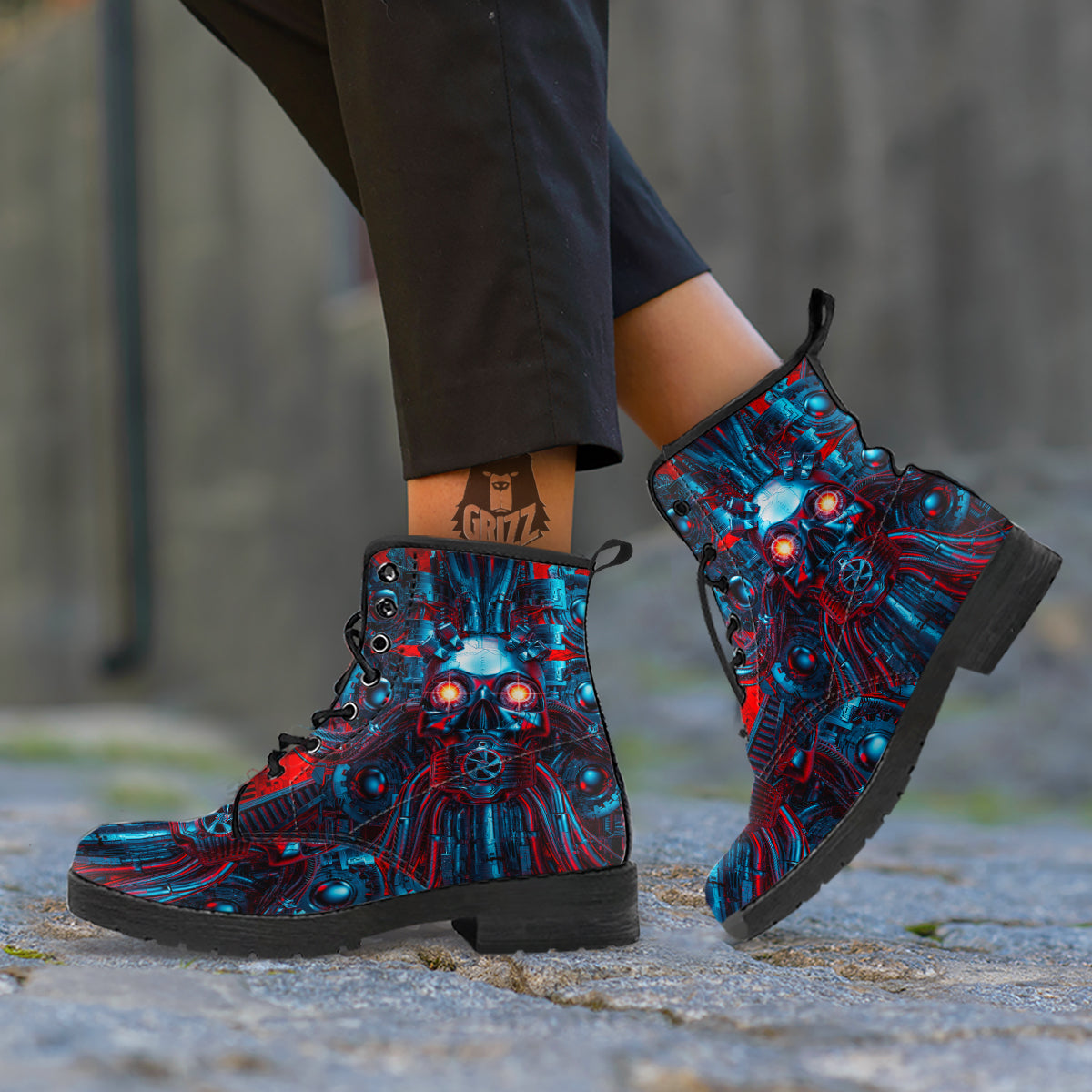 Red Machine Robot Print Leather Boots-grizzshop