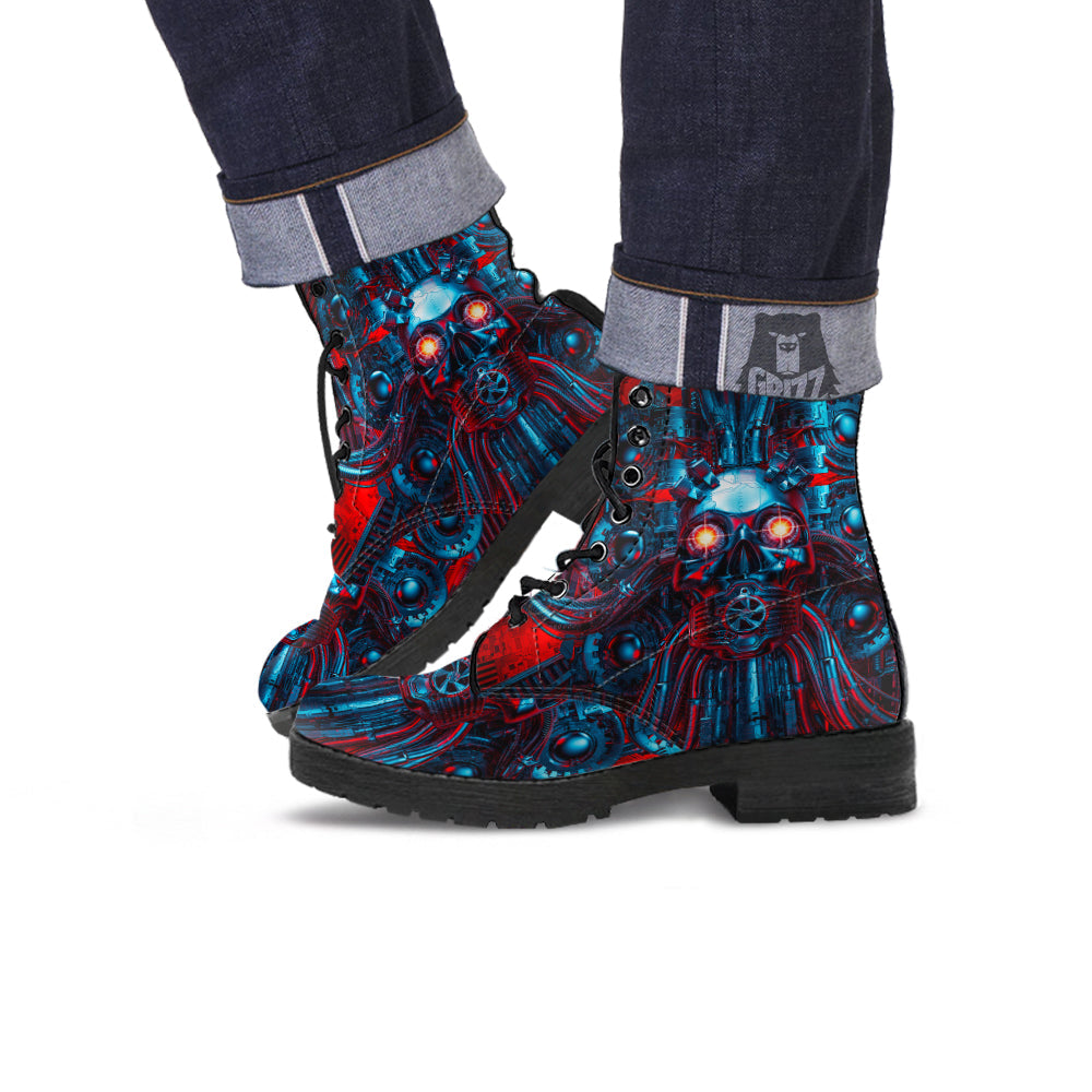 Red Machine Robot Print Leather Boots-grizzshop