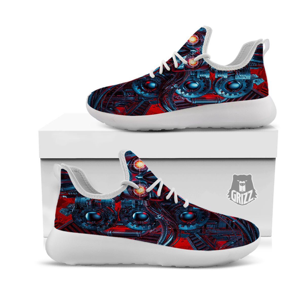 Red Machine Robot Print White Athletic Shoes-grizzshop