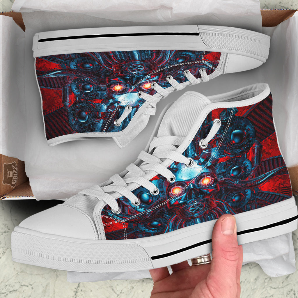 Red Machine Robot Print White High Top Shoes-grizzshop