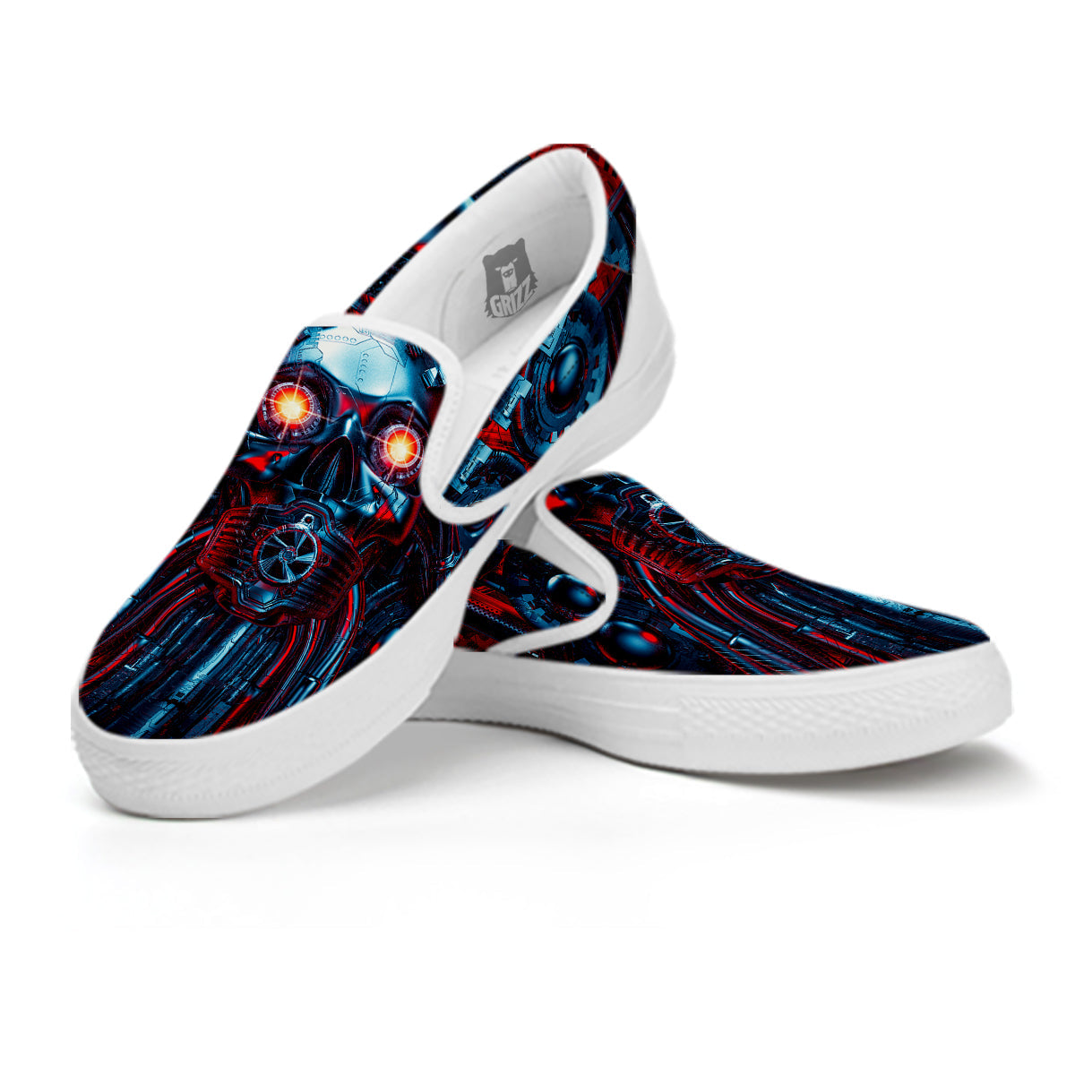 Red Machine Robot Print White Slip On Shoes-grizzshop