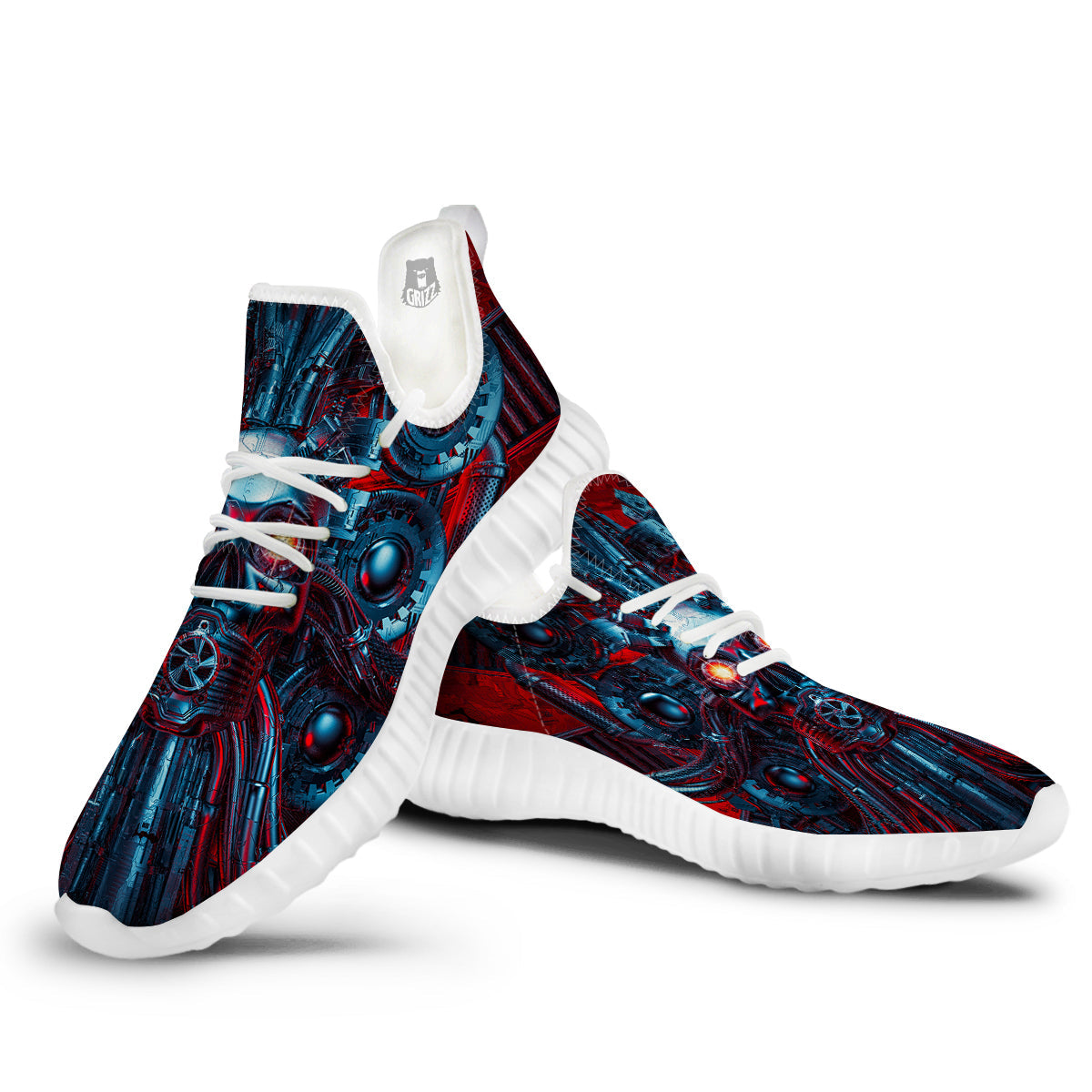 Red Machine Robot Print White Walking Shoes-grizzshop