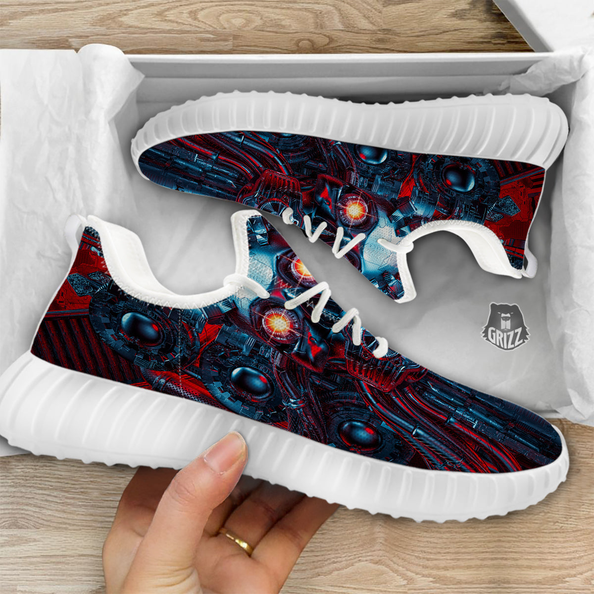 Red Machine Robot Print White Walking Shoes-grizzshop