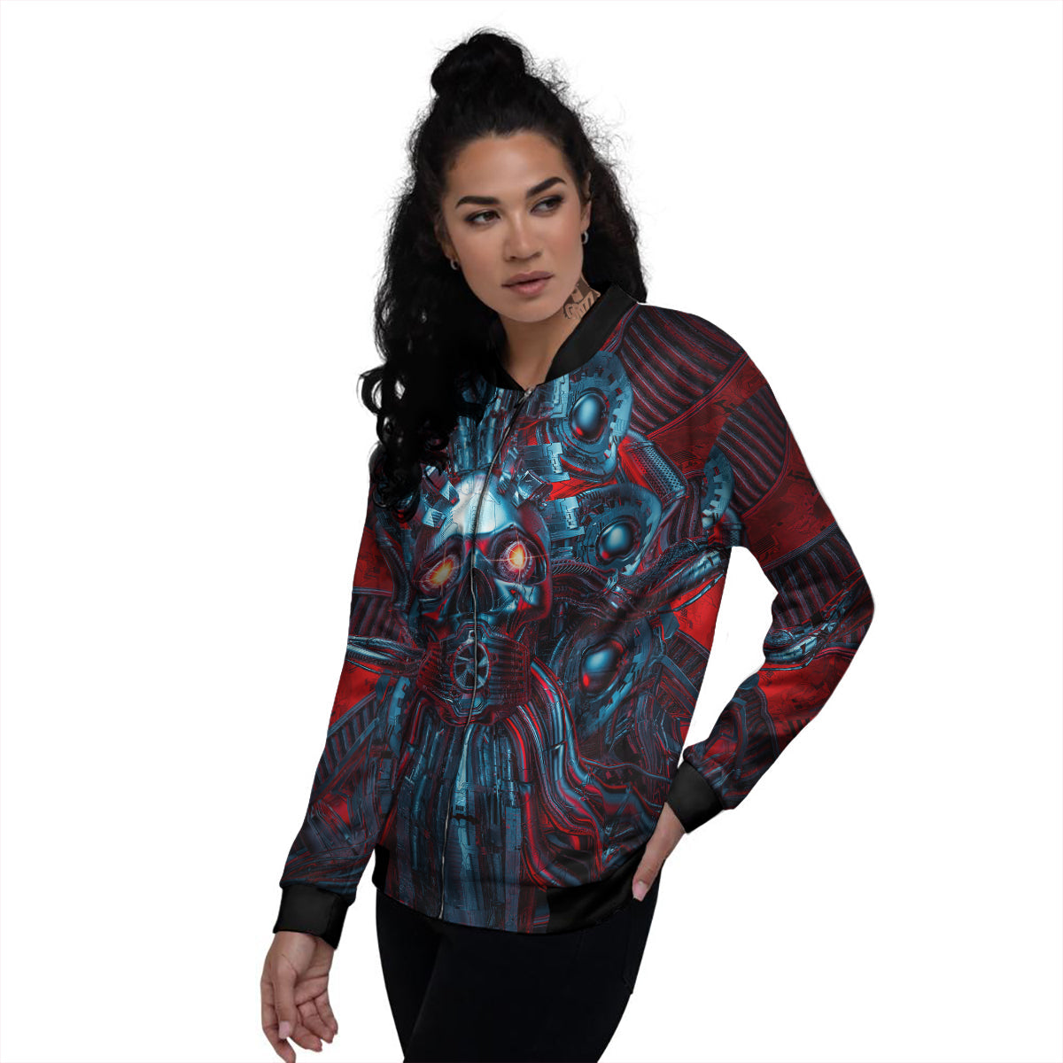 Red Machine Robot Print Women's Bomber Jacket-grizzshop