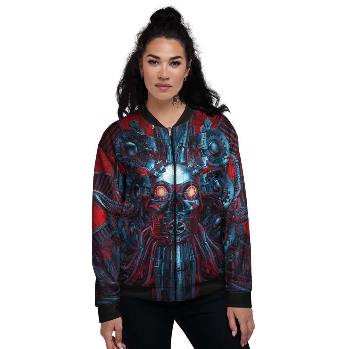 Red Machine Robot Print Women's Bomber Jacket-grizzshop