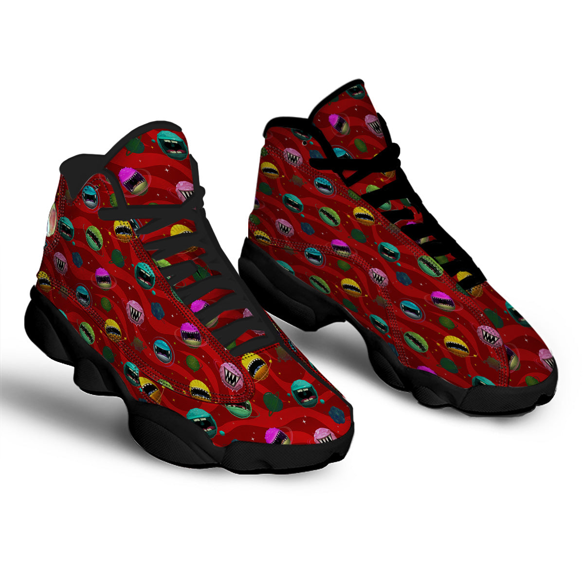 Red Monster Planets Print Pattern Black Basketball Shoes-grizzshop