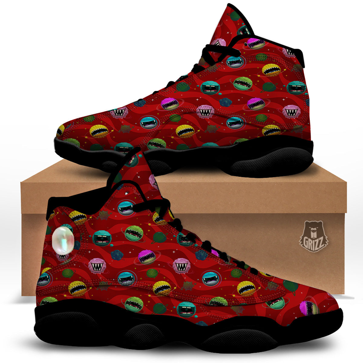 Red Monster Planets Print Pattern Black Basketball Shoes-grizzshop