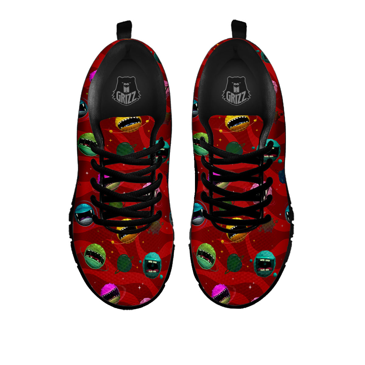 Red Monster Planets Print Pattern Black Sneaker-grizzshop