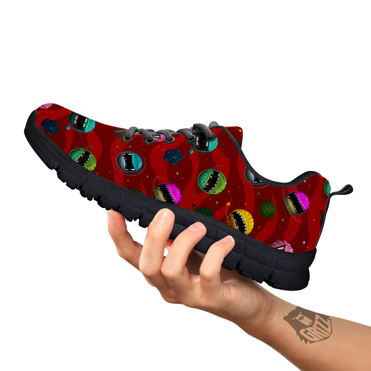 Red Monster Planets Print Pattern Black Sneaker-grizzshop