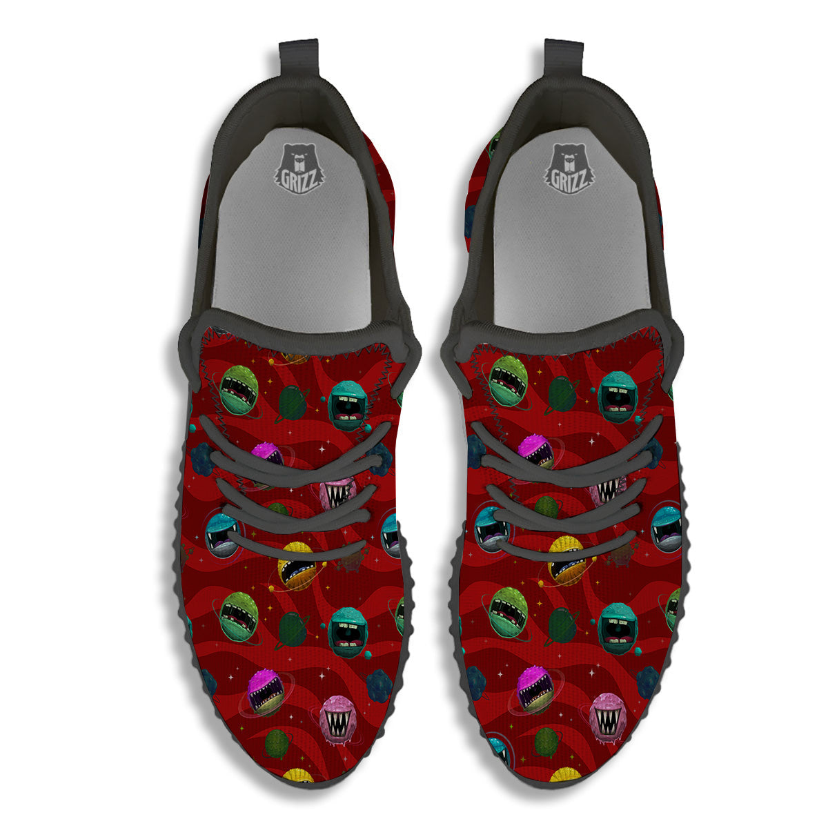 Red Monster Planets Print Pattern Black Walking Shoes-grizzshop
