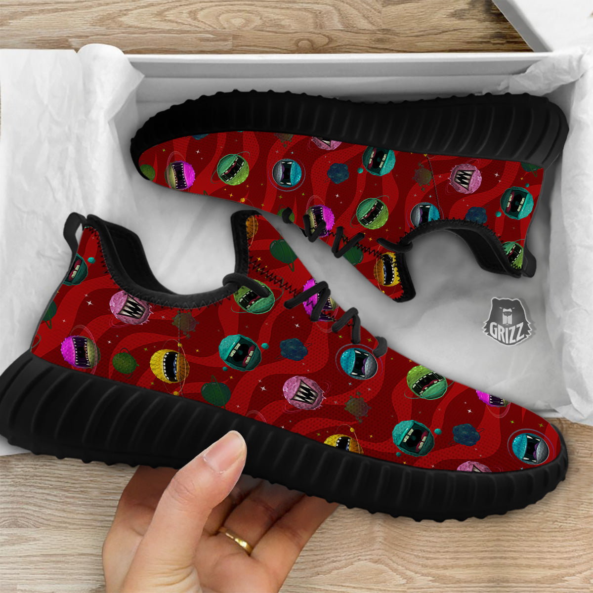 Red Monster Planets Print Pattern Black Walking Shoes-grizzshop