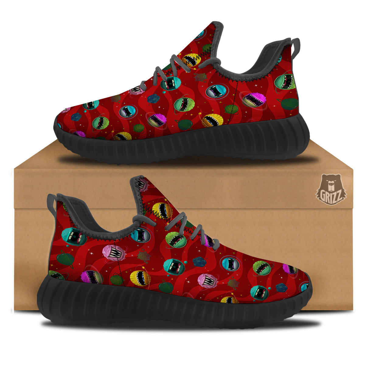 Red Monster Planets Print Pattern Black Walking Shoes-grizzshop