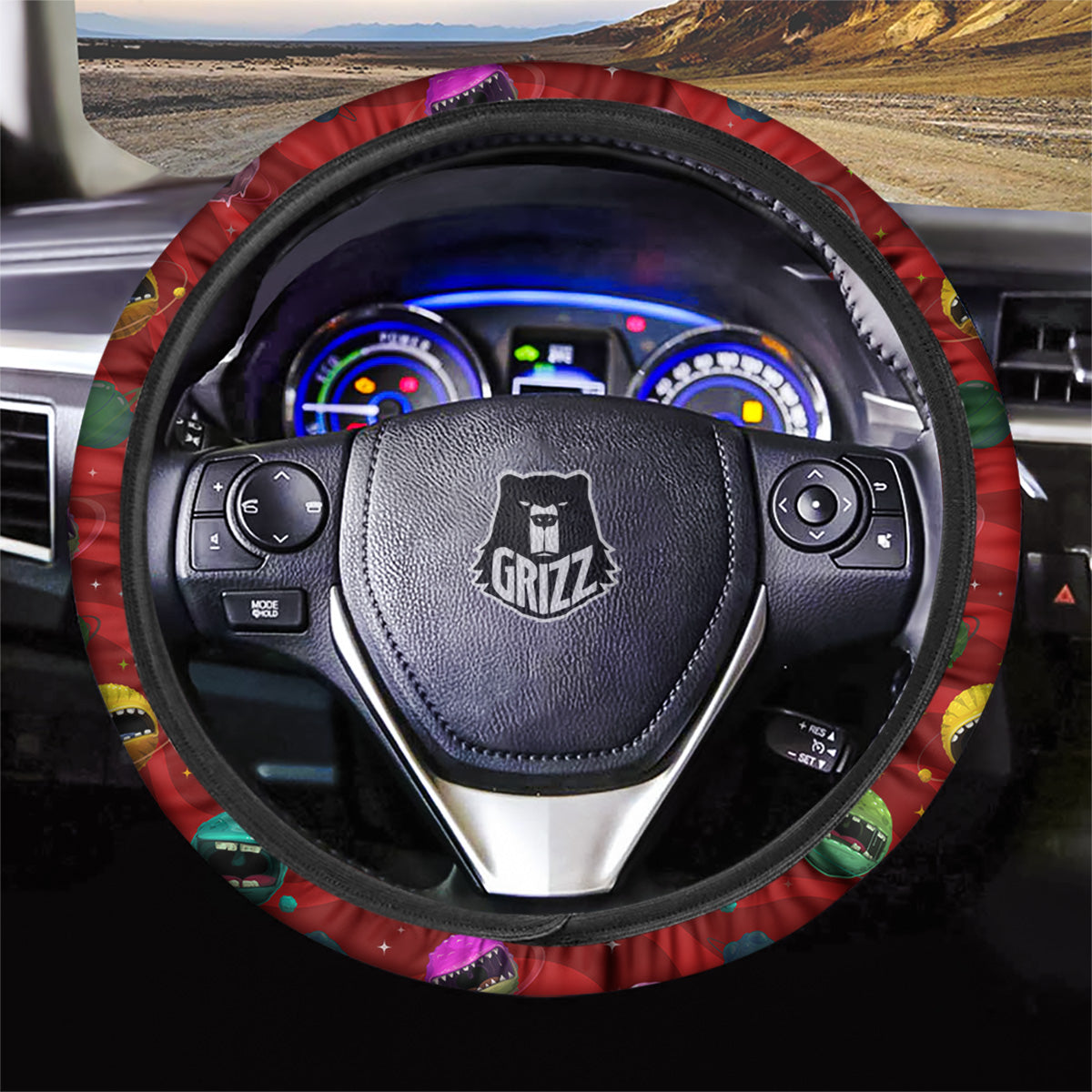 Red Monster Planets Print Pattern Car Steering Wheel Cover-grizzshop
