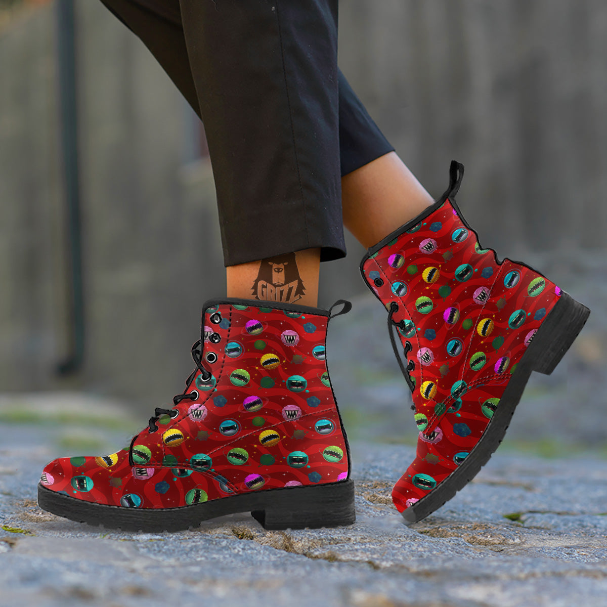 Red Monster Planets Print Pattern Leather Boots-grizzshop