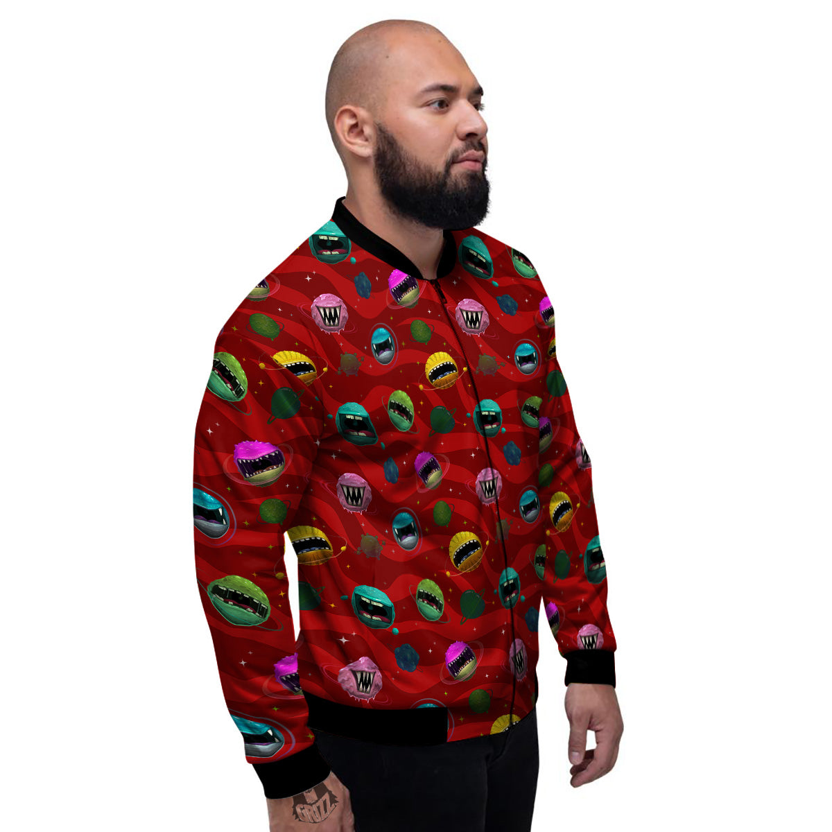 Red Monster Planets Print Pattern Men's Bomber Jacket-grizzshop