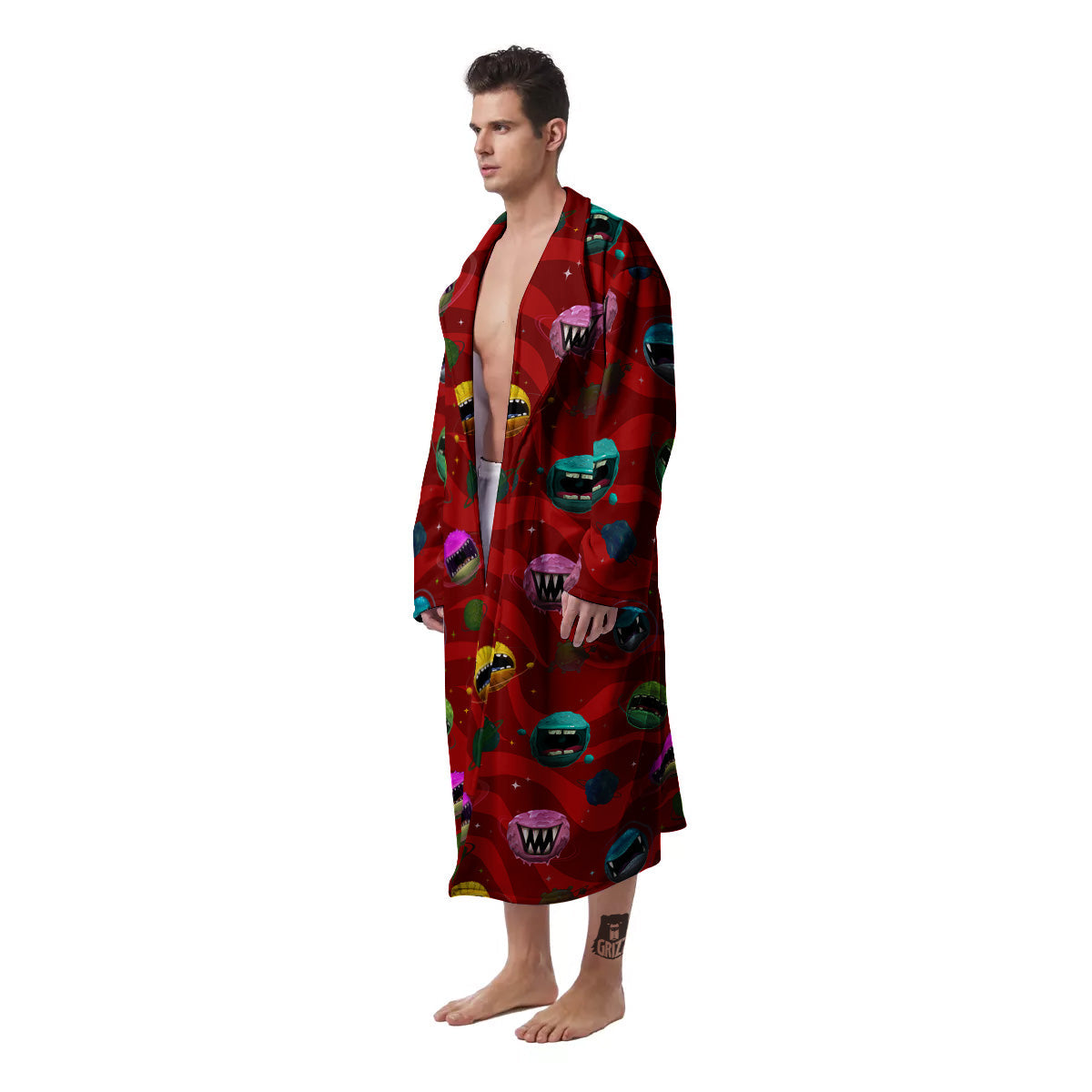 Red Monster Planets Print Pattern Men's Robe-grizzshop