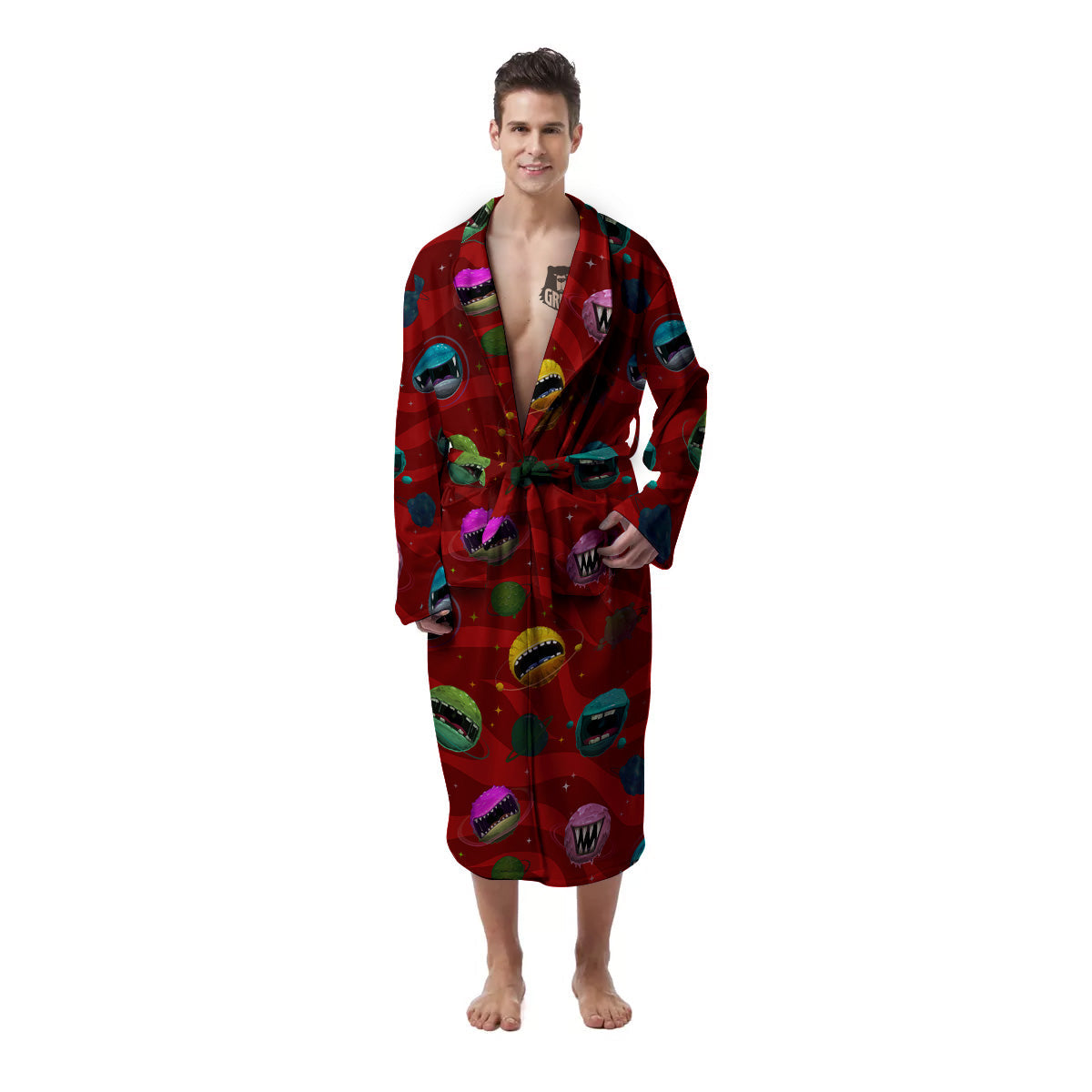 Red Monster Planets Print Pattern Men's Robe-grizzshop