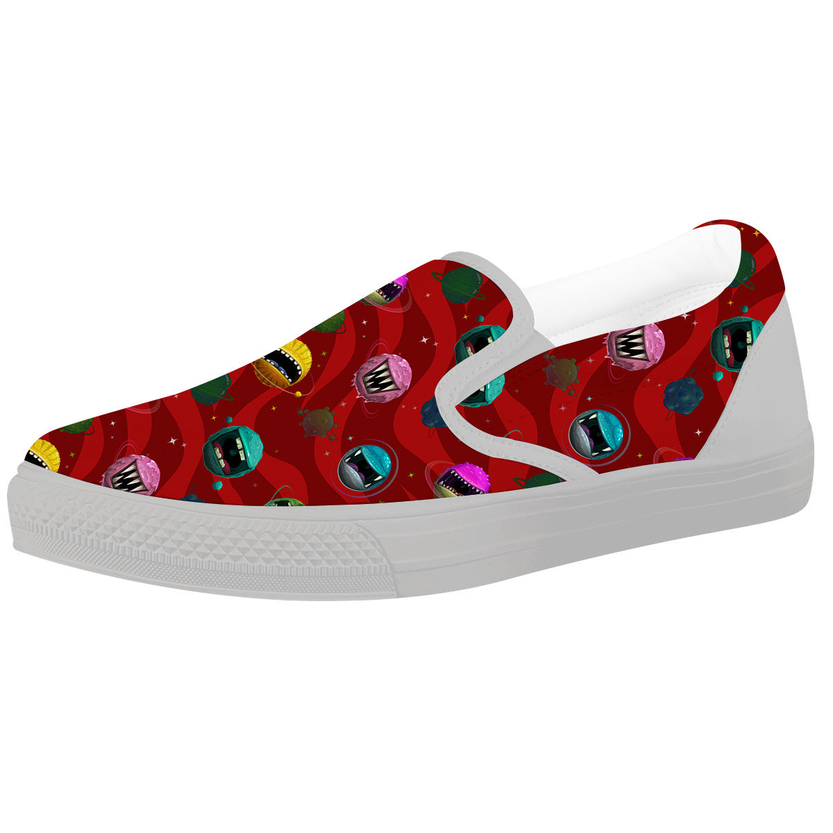 Red Monster Planets Print Pattern White Slip On Shoes-grizzshop
