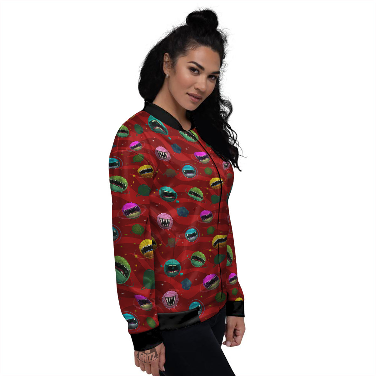 Red Monster Planets Print Pattern Women's Bomber Jacket-grizzshop