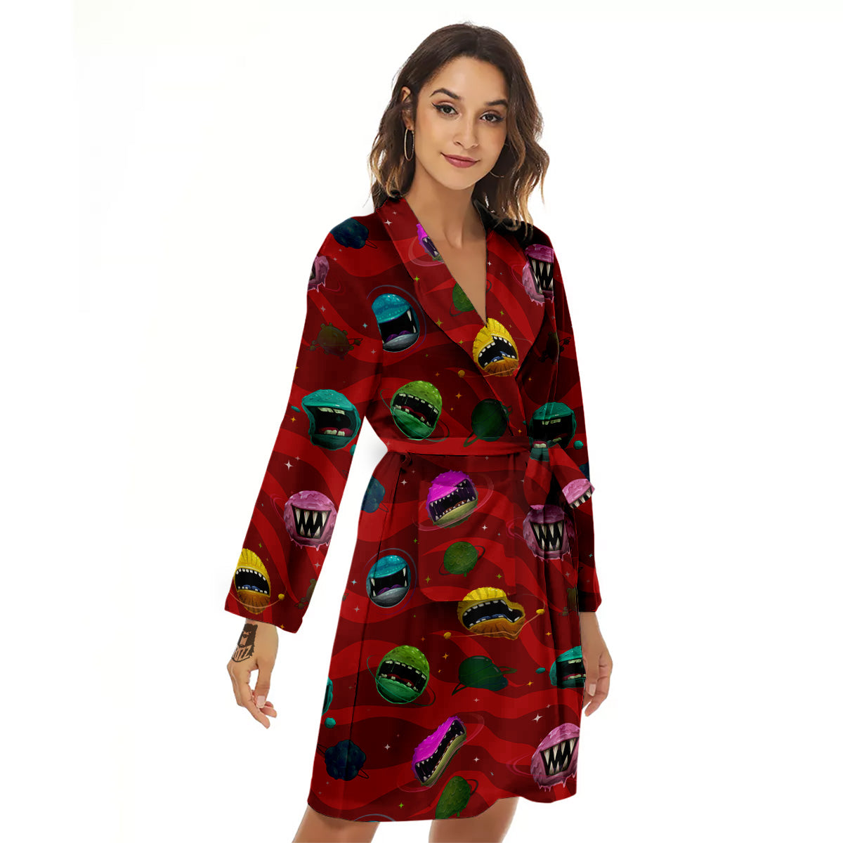 Red Monster Planets Print Pattern Women's Robe-grizzshop