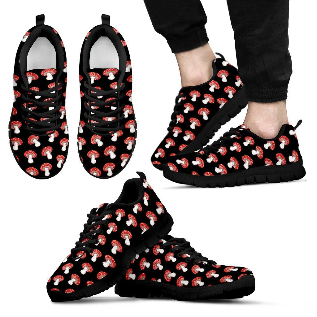 Red Mushroom Dot Print Pattern Black Sneaker Shoes For Men Women-grizzshop