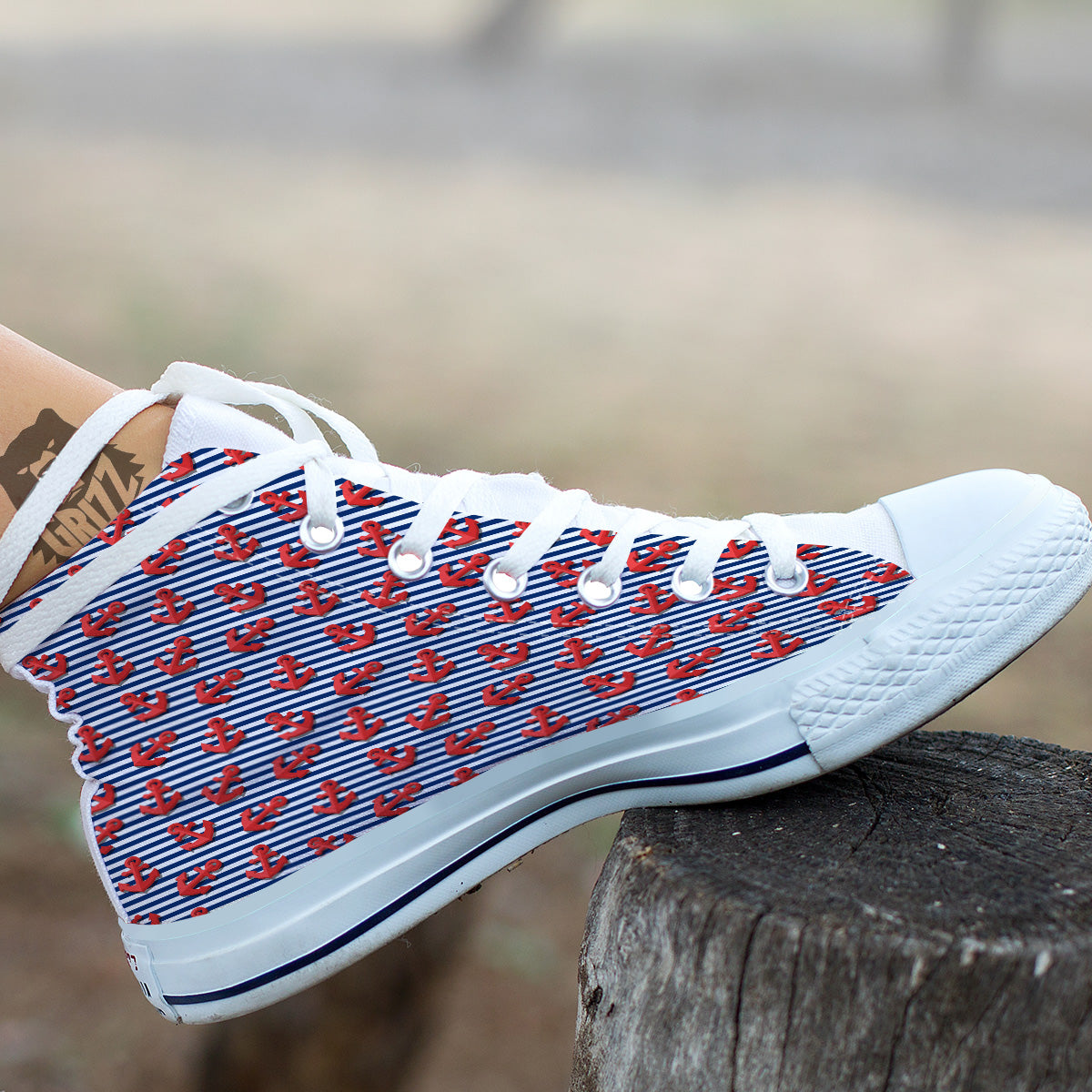 Red Nautical Anchor Blue Striped Print White High Top Shoes-grizzshop