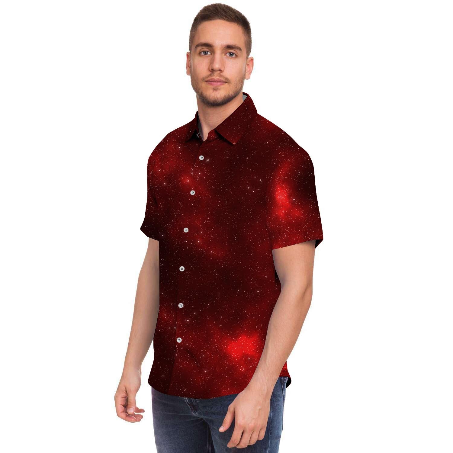 Red Nebula Galaxy Space Men's Short Sleeve Shirt-grizzshop