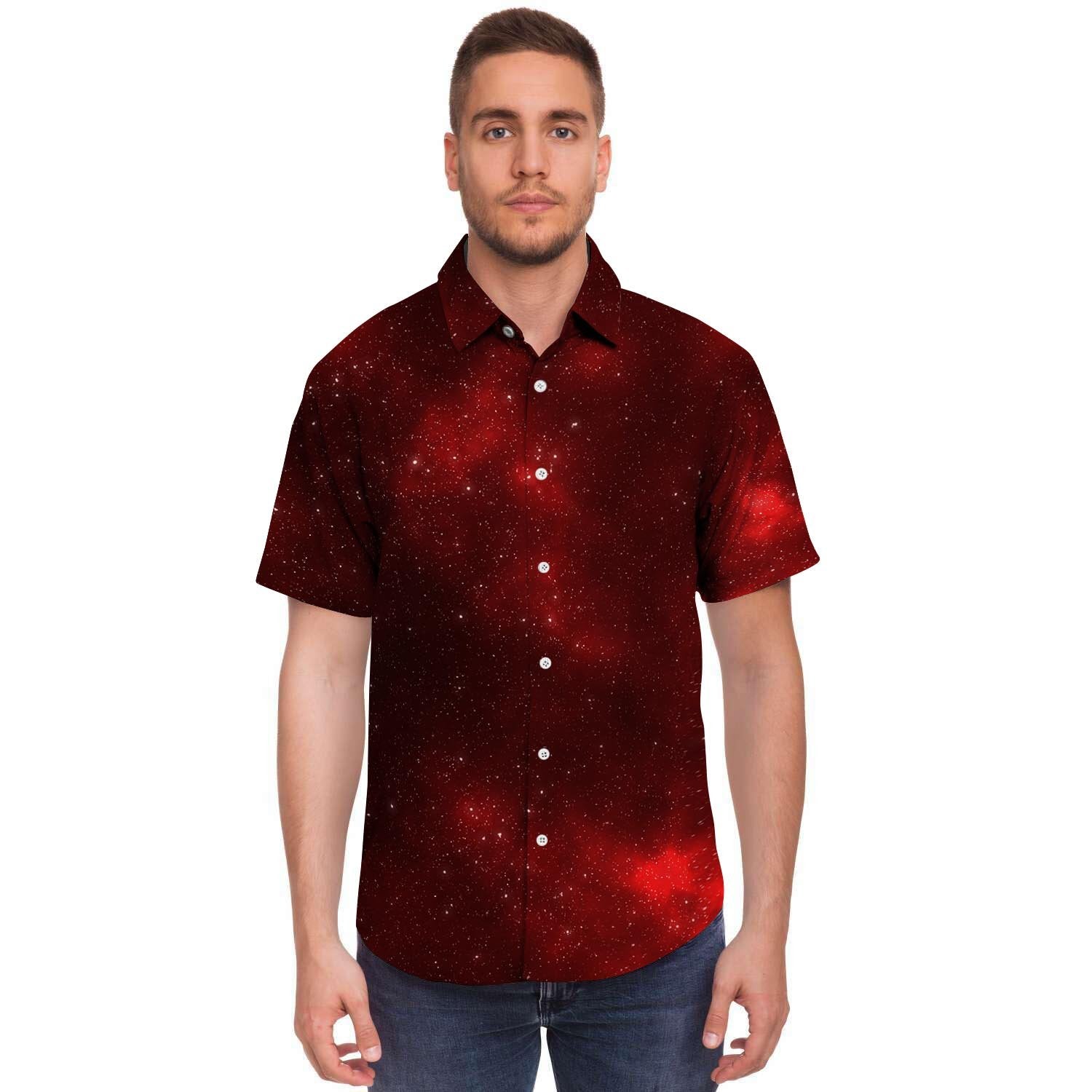 Red Nebula Galaxy Space Men's Short Sleeve Shirt-grizzshop