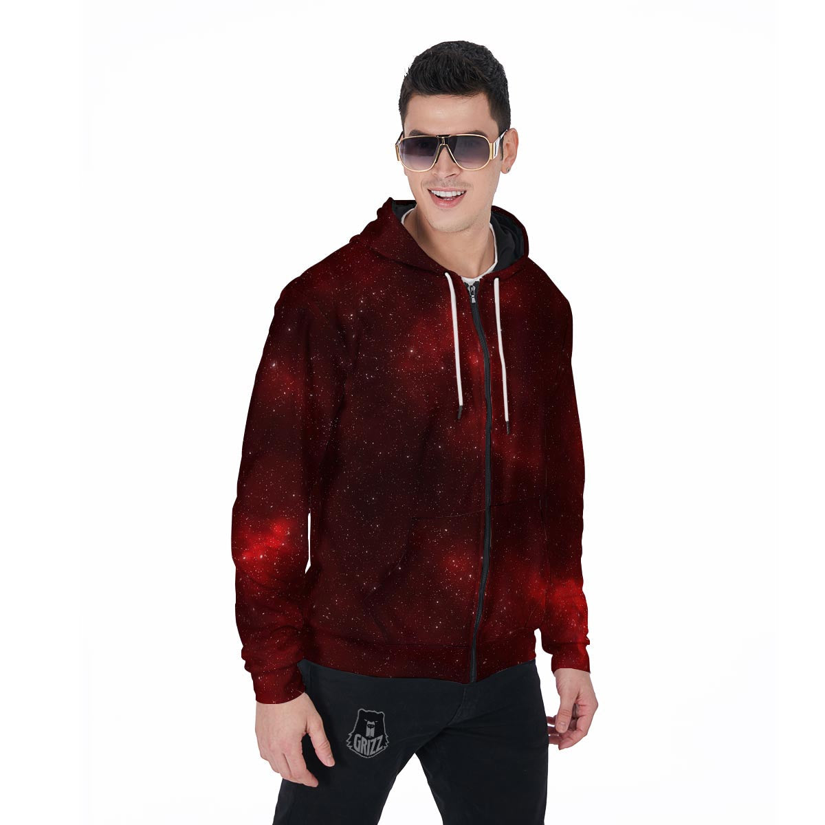 Red Nebula Galaxy Space Men's Zip Up Hoodie-grizzshop