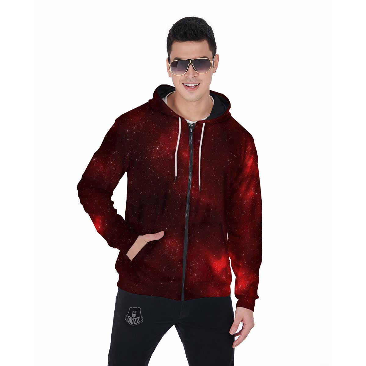 Red Nebula Galaxy Space Men's Zip Up Hoodie-grizzshop