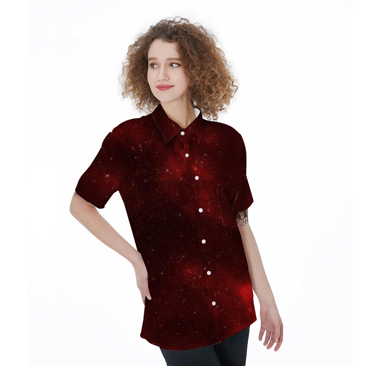 Red Nebula Galaxy Space Women's Short Sleeve Shirts-grizzshop