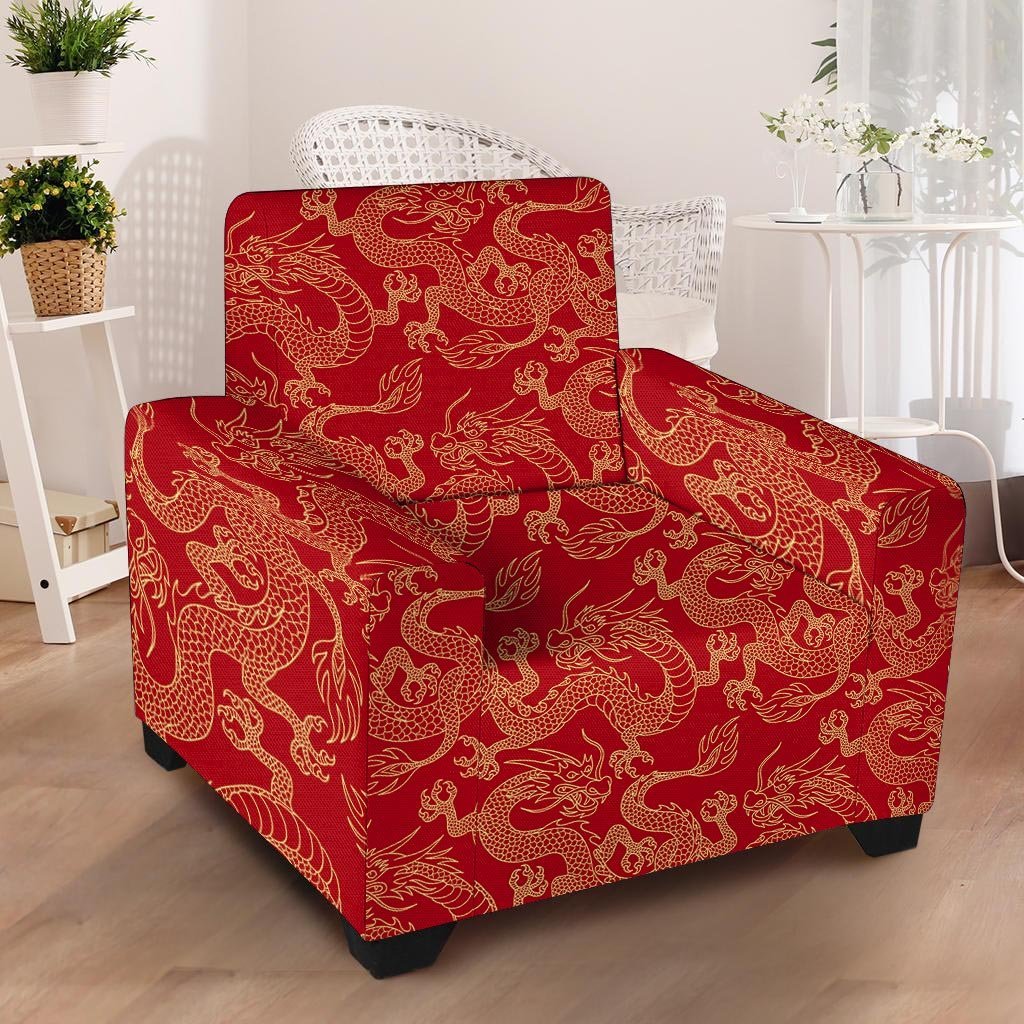 Red Oriental Chinese Dragon Armchair Cover-grizzshop