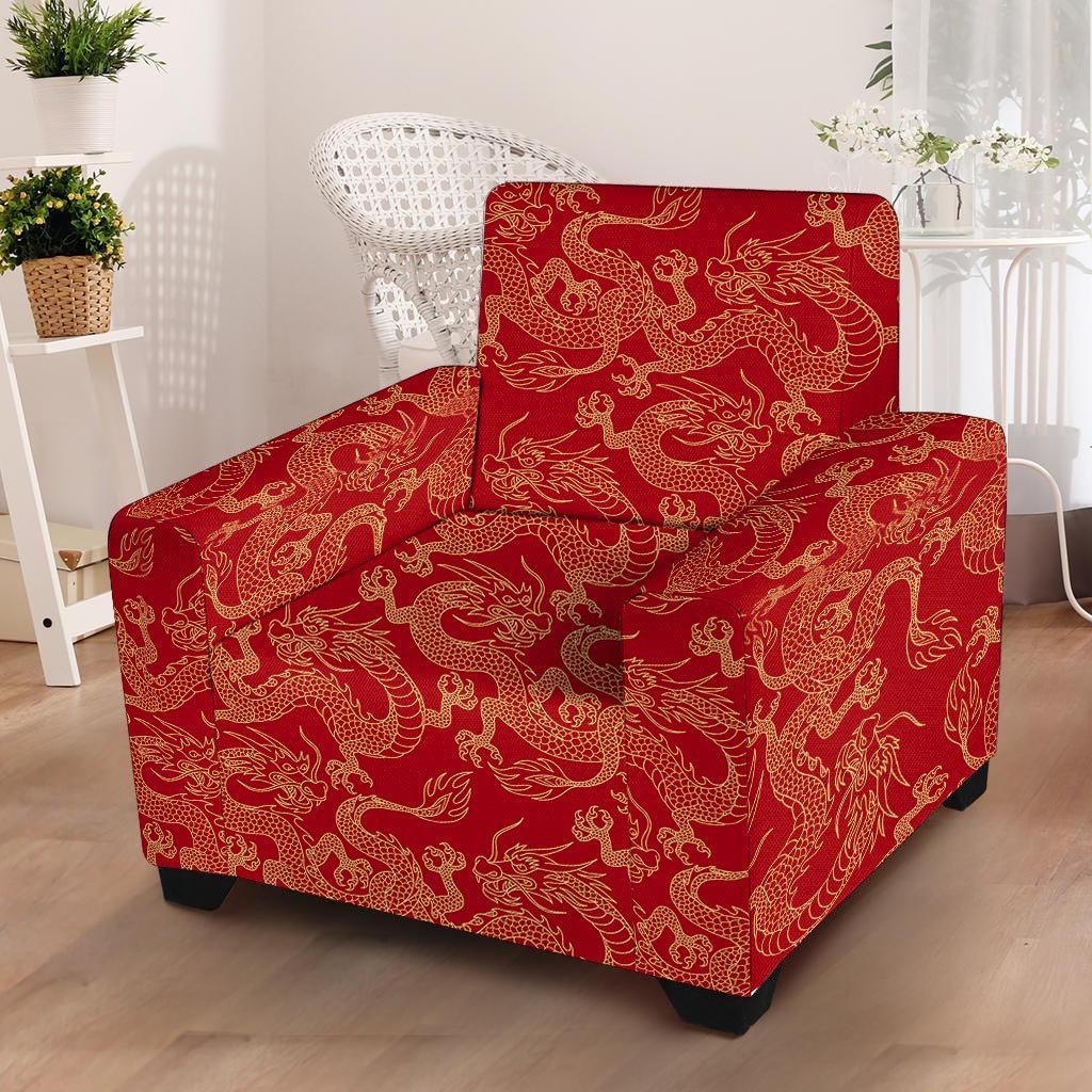 Red Oriental Chinese Dragon Armchair Cover-grizzshop