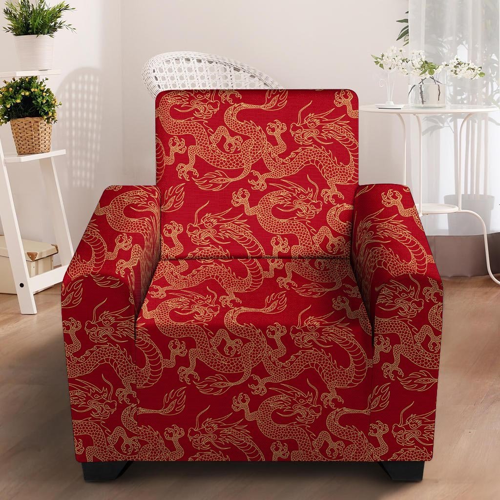 Red Oriental Chinese Dragon Armchair Cover-grizzshop