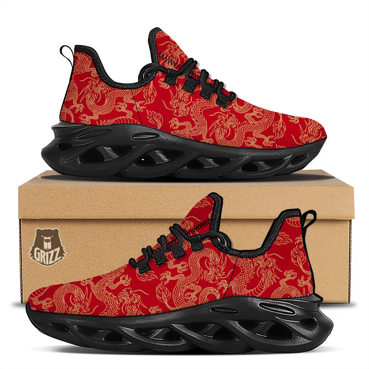 Red Oriental Chinese Dragon Black Running Shoes-grizzshop