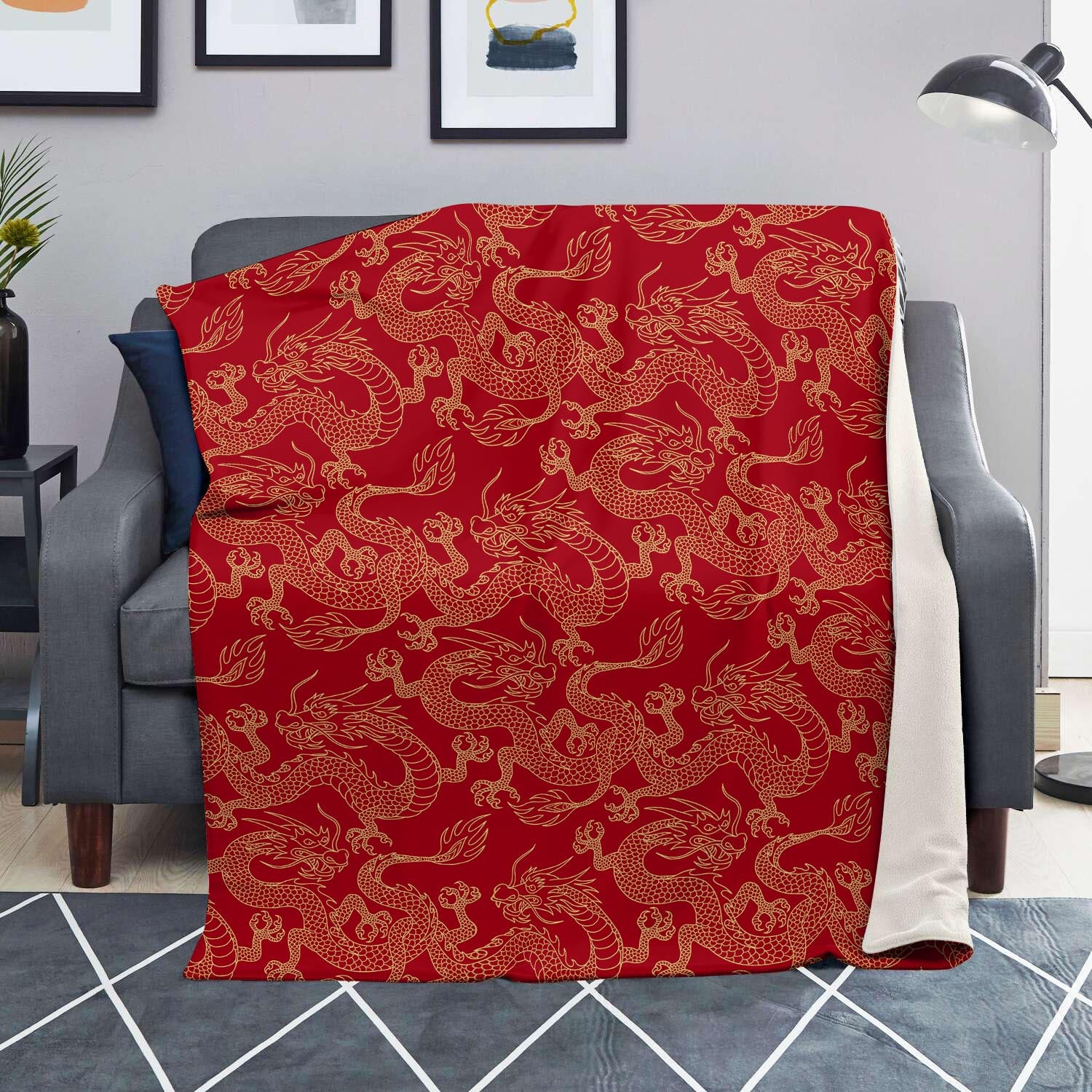 Red Oriental Chinese Dragon Blanket-grizzshop