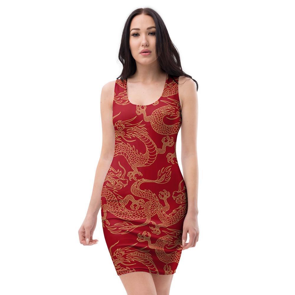 Red Oriental Chinese Dragon Bodycon Dress-grizzshop