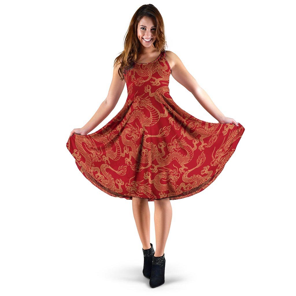 Red Oriental Chinese Dragon Dress-grizzshop