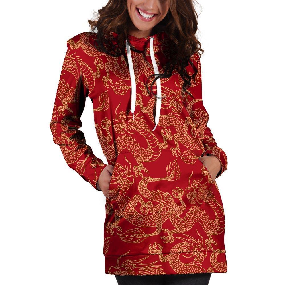 Red Oriental Chinese Dragon Hoodie Dress-grizzshop