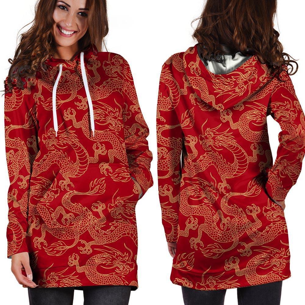 Red Oriental Chinese Dragon Hoodie Dress-grizzshop