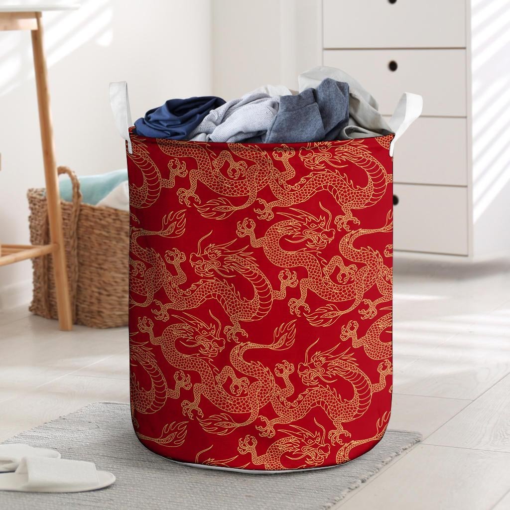 Red Oriental Chinese Dragon Laundry Basket-grizzshop