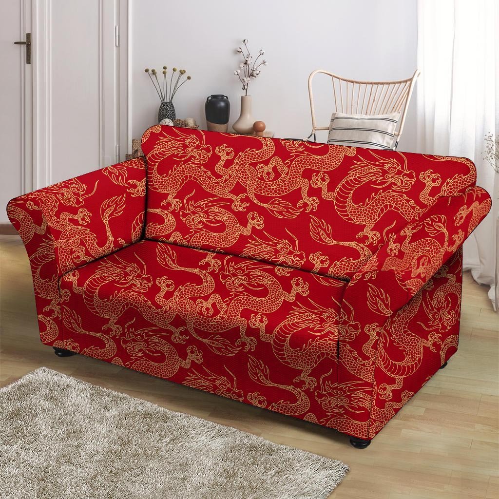 Red Oriental Chinese Dragon Loveseat Cover-grizzshop