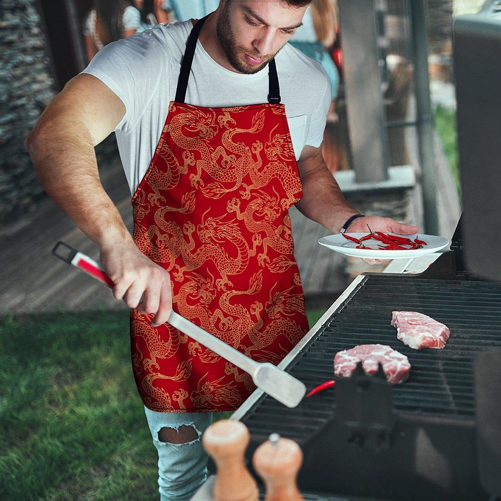 Red Oriental Chinese Dragon Men's Apron-grizzshop